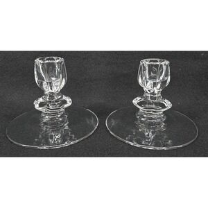 2 Vtg Duncan Miller Canterbury Glass Taper Candle Holders 1940s 4.5x3.25" MCM‎